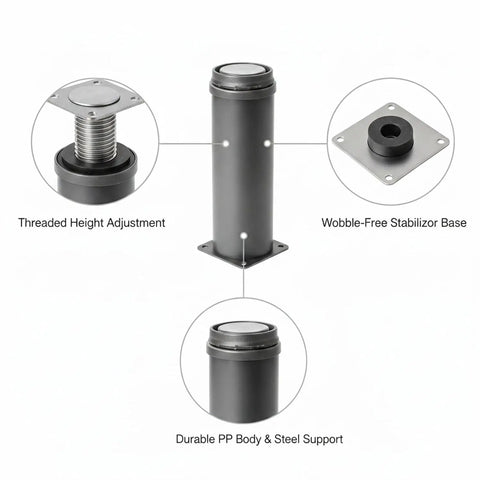 Adjustable Furniture Leg Levelers for Cabinets, Sofas, and Tables, Stainless Steel Support for Uneven Floors, Black, 1.97 X 3.94 Inches with threaded height adjustment, stabilizer base, and durable body.