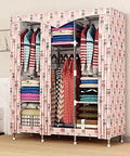 Solid Portable Bedroom Closet With Willow Wood Frame And Thick Non Woven Fabric Storage Organizer For Hanging Clothes And Quilts, open view with colorful garments and quilts.