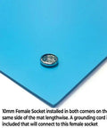 Close-up of corner with socket on All In One Dual Layer ESD Safe Workstation Mat Kit For Soldering And Phone Repair 24 By 16 Inch Blue