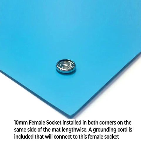 Close-up of corner with socket on All In One Dual Layer ESD Safe Workstation Mat Kit For Soldering And Phone Repair 24 By 16 Inch Blue