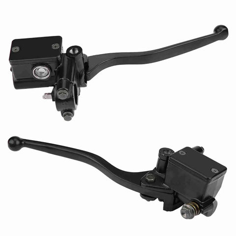 Beefed Up Aluminum Motorcycle Brake Master Cylinder For ATV Rancher Sportrax Rincon 250 350 400 450 Black High Performance Hydraulic Brake System Easy Install Durable, showing front and side view angles.
