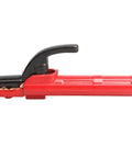Heavy Duty 300A Copper Welding Electrode Holder With PVC Rubber Insulation Handle For Pros Who Dig Super Conductivity And Stable Heat Performance Without The Suck side view with red body and black grip handle