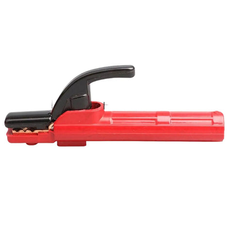 Heavy Duty 300A Copper Welding Electrode Holder With PVC Rubber Insulation Handle For Pros Who Dig Super Conductivity And Stable Heat Performance Without The Suck side view with red body and black grip handle