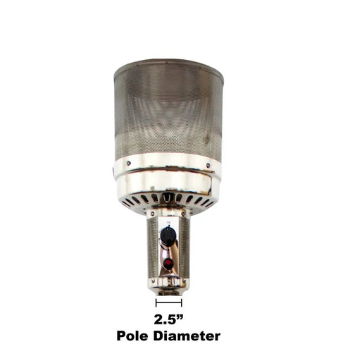 Top view of patio heater with 2.5” pole diameter, showing attachment point for Pilot Feed Tube For Tall Patio Heater Replacement Part