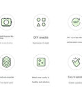 Icons illustrating features of Electric Food Dehydrator Stainless Steel Beef Jerky Maker And Vegetable Dryer With 360 Circulating Air.