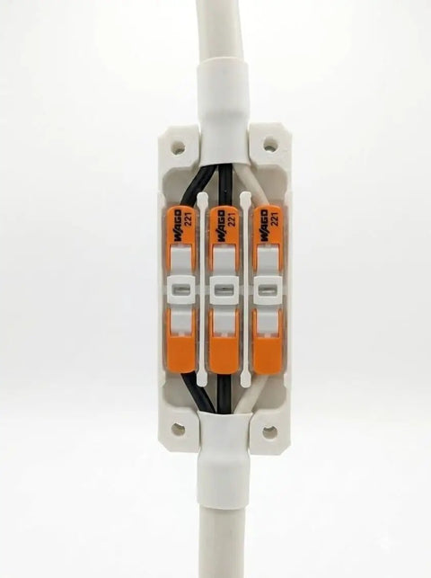 Heavy Duty Junction Box Tailored For Standard 221 Lever Nuts with three conductors for neat wiring, white casing, snap fit.