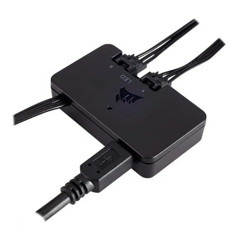 iCUE Lighting Node PRO RGB Lighting Controller with ports, showing USB cable, for multicolor PC case lighting installation.