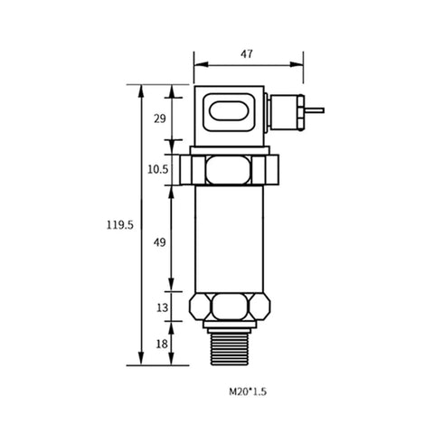 Technical drawing of G1/4 Inch Pressure Transducer Sensor 0-2000Psi 0-600Psi 0-50Psi 0-10Bar Gauge And Absolute 4-20mA Output Industrial