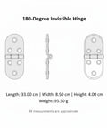 180 Degree Invisible Hinge Zinc Alloy Flush Mount Hardware with measurements, front and side view illustrations, seamless design