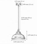 Black Industrial Metal Pendant Light, E26 Curvy Adjustable Ceiling Fixture with dimensions and adjustable hanging length.