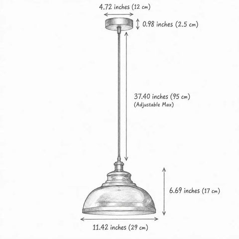 Black Industrial Metal Pendant Light, E26 Curvy Adjustable Ceiling Fixture with dimensions and adjustable hanging length.