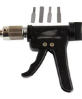 Lock Spinner Quick Gun Turning Tool with Magnetic Head, showing black handle and three interchangeable muzzles for pin tumbler locks.