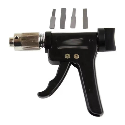 Lock Spinner Quick Gun Turning Tool with Magnetic Head, showing black handle and three interchangeable muzzles for pin tumbler locks.
