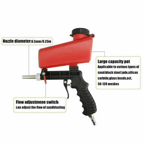 One Quarter Inch Air Sandblasting Gun Portable Handheld Sandblaster With 90 PSI Pneumatic Power shown with labeled features.