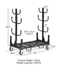 Heavy Duty Mobile Industrial Pipe And Lumber Rack Cart That Moves Like Butter With Four Double Sided Shelves dimensions and features.