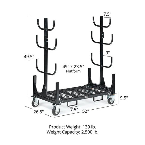 Heavy Duty Mobile Industrial Pipe And Lumber Rack Cart That Moves Like Butter With Four Double Sided Shelves dimensions and features.
