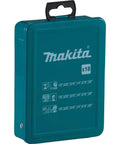 Makita 18-piece drill bit set in teal plastic carrying case, front view