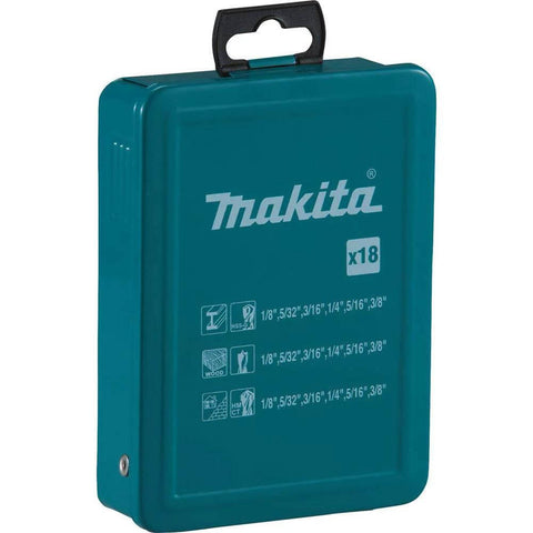 Makita 18-piece drill bit set in teal plastic carrying case, front view