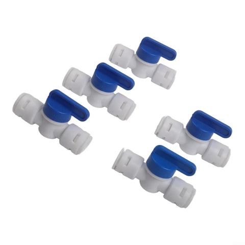 5 Piece 3/8 Inch Quick Connect Shut Off Ball Valve Push Fit Polypropylene Connector For Water Filter Lines displayed.