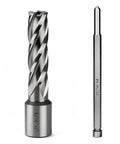 Two cutting tools: JESTUOUS annular cutter with Weldon shank (9/16 in dia, 2 in depth) and HSS drill bit with Weldon shank.