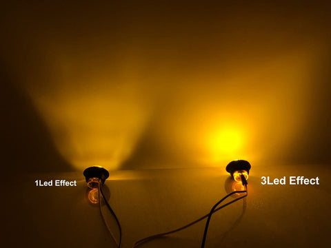 1 LED and 3 LED amber light effect from 50 Pcs Three Quarter Inch Amber LED Marker Lights Kit, Trailer Light Kit, Waterproof 12V DC
