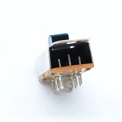 Close-up side view of 8 Pack DPDT Panel Slide Switches 2P3T On Off On 3 Position 6A 125V and 3A 250V AC, metal and plastic build