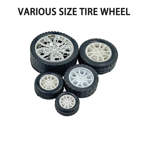 Various size wheels from Eight Piece RC Car Wheel Set With Durable Rubber Tires And Metal Shaft Axles For DIY RC Cars