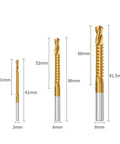 Heavy Duty Steel Twist Step Drill Bit Kit With Serrated Edges For Metal And Woodworking. 3mm 6mm 8mm drill bits shown