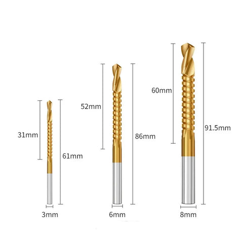 Heavy Duty Steel Twist Step Drill Bit Kit With Serrated Edges For Metal And Woodworking. 3mm 6mm 8mm drill bits shown