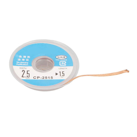 Spool of desoldering wick braid with flux for PCBs, red copper material, high heat transfer, 1.5 meter length, easy solder removal