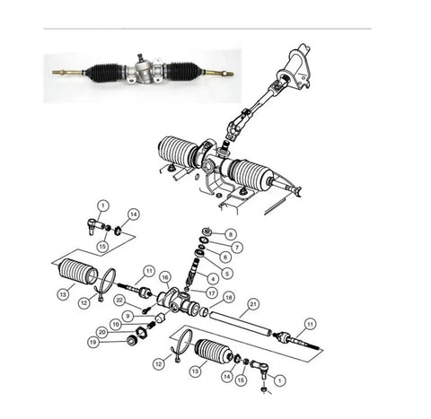 Diagram showing Club Car Precedent Steering Gear Box Assembly Rack And Pinion Fits 2004 And Up Replaces OEM 102288601 103679701