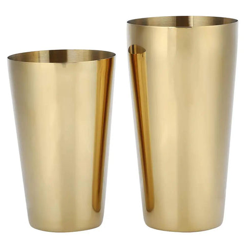 Top Shelf 304 Stainless Steel Cocktail Shaker Set With Polished Rustproof Finish Bartender Kit showing two gold cocktail shaker cups.