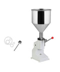 Manual Paste And Liquid Filler Machine A03, 5-50ml Adjustable Bottle Filler with 10L Hopper, stainless steel body, red lever