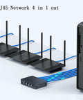 Bi Directional 4 Port Ethernet Switch With 1 Input 4 Outputs, connected devices, cables, and network hub setup