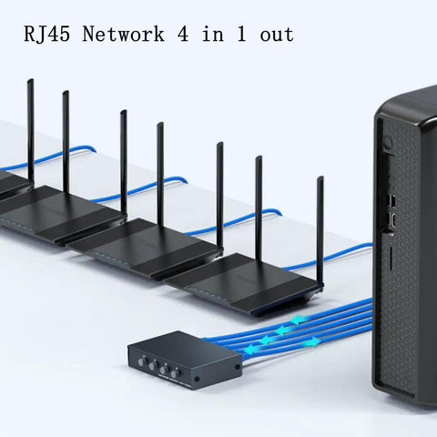 Bi Directional 4 Port Ethernet Switch With 1 Input 4 Outputs, connected devices, cables, and network hub setup