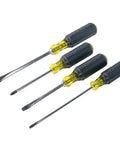 USA Made Four Piece Slotted And Phillips Screwdriver Set With Cushion Grip Handles And Tip Ident, Includes Quarter Inch Keystone Tip, Five Sixteenth Inch Keystone Tip, Three Sixteenth Inch Cabinet Tip, And Number Two Phillips Tip, angled view