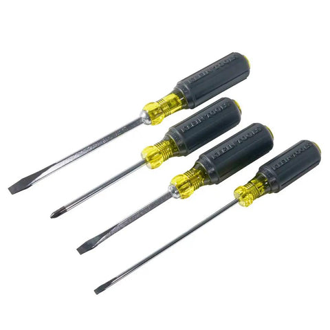 USA Made Four Piece Slotted And Phillips Screwdriver Set With Cushion Grip Handles And Tip Ident, Includes Quarter Inch Keystone Tip, Five Sixteenth Inch Keystone Tip, Three Sixteenth Inch Cabinet Tip, And Number Two Phillips Tip, angled view