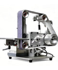 Rock Solid Shop Grade Belt Sander And Polisher With Heavy Duty 750 Watt Motor For Efficient Woodworking Trimming And Dual Vertical Grinding Work, shown from the side, featuring aluminum construction and sanding belt.