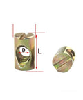 Heavy Duty Barrel Nuts and M6 M8 Cross Dowel Bolts Set for Furniture Assembly, side and top view of slotted nut, zinc plated