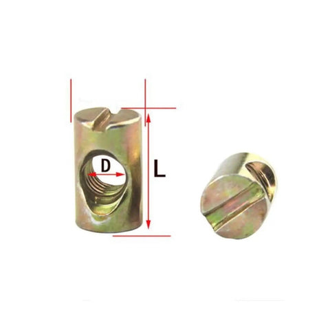 Heavy Duty Barrel Nuts and M6 M8 Cross Dowel Bolts Set for Furniture Assembly, side and top view of slotted nut, zinc plated