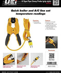 Front view of UEi ATTPC3 K-Type pipe clamp thermocouple adapter, yellow probe with cord for HVAC clamp meters
