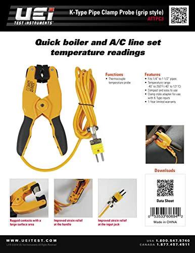 Front view of UEi ATTPC3 K-Type pipe clamp thermocouple adapter, yellow probe with cord for HVAC clamp meters