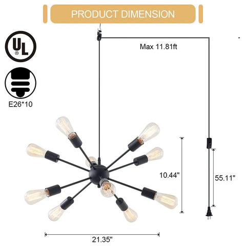 Dimensions of Sputnik Style Plug In Pendant Chandelier With 10 Lights And 16.4 Ft Cord On Off Switch For Dining Room Living Room Kitchen