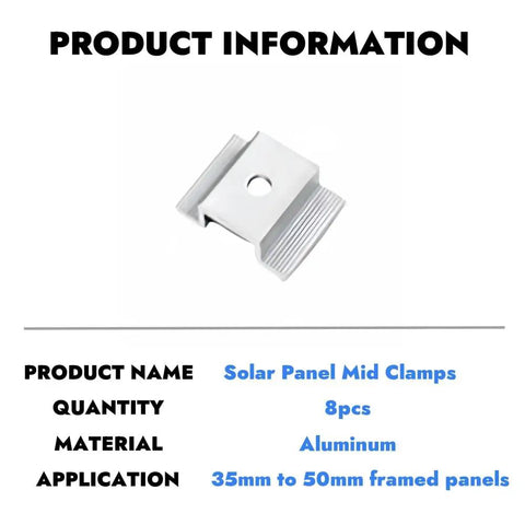 Rock Solid Solar Panel Mid Clamps Beefy 6061 Aluminum Alloy for Heavy Duty PV Racks shown in detailed view for 35mm to 50mm panels.