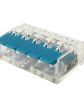 Straight Shooting 5 Pin Quick Connect Wire Connector With Solid Grip Lever Action Push In Design For Heavy Duty Electrical Wiring Repairs 32 Amp Compact Terminal Block 10 Pack side view with blue levers.