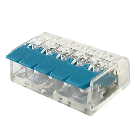 Straight Shooting 5 Pin Quick Connect Wire Connector With Solid Grip Lever Action Push In Design For Heavy Duty Electrical Wiring Repairs 32 Amp Compact Terminal Block 10 Pack side view with blue levers.