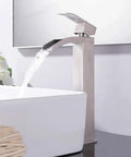 Modern Vessel Sink Faucet In Brushed Nickel Tall Waterfall Style Bathroom Mixer Single Handle With Pop Up Drain And Three Eighths Inch Hoses Clean Minimalist Look For Contemporary Bathrooms