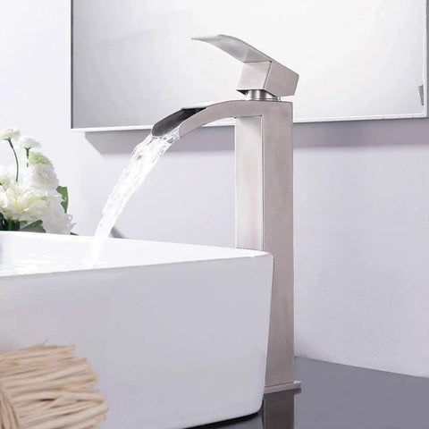 Modern Vessel Sink Faucet In Brushed Nickel Tall Waterfall Style Bathroom Mixer Single Handle With Pop Up Drain And Three Eighths Inch Hoses Clean Minimalist Look For Contemporary Bathrooms