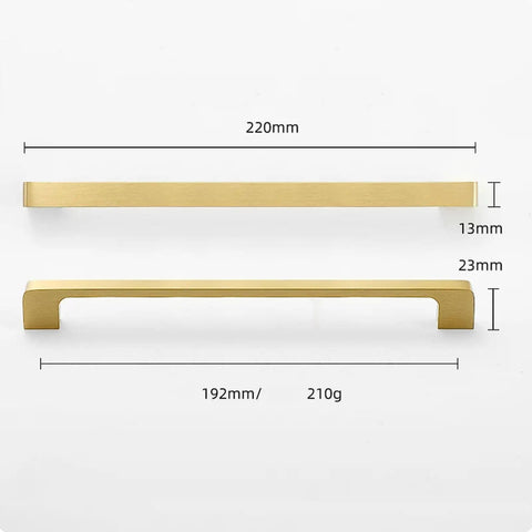 High End Gold Plated Solid Brass Cabinet Pulls 220mm Double Hole Drawer Handles for Living Rooms and Dressers showing dimensions and style.