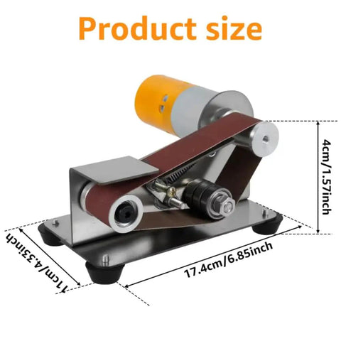 Compact Mini Electric Belt Sander 100-240V For Versatile DIY Woodwork Project shown with size dimensions of 17.4cm by 4cm.